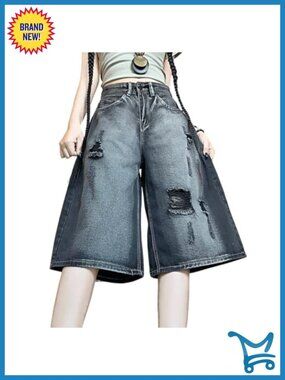 Y2K Gothic Straight Wide Leg Ripped Distressed Capri Jeans Grunge Vintage High